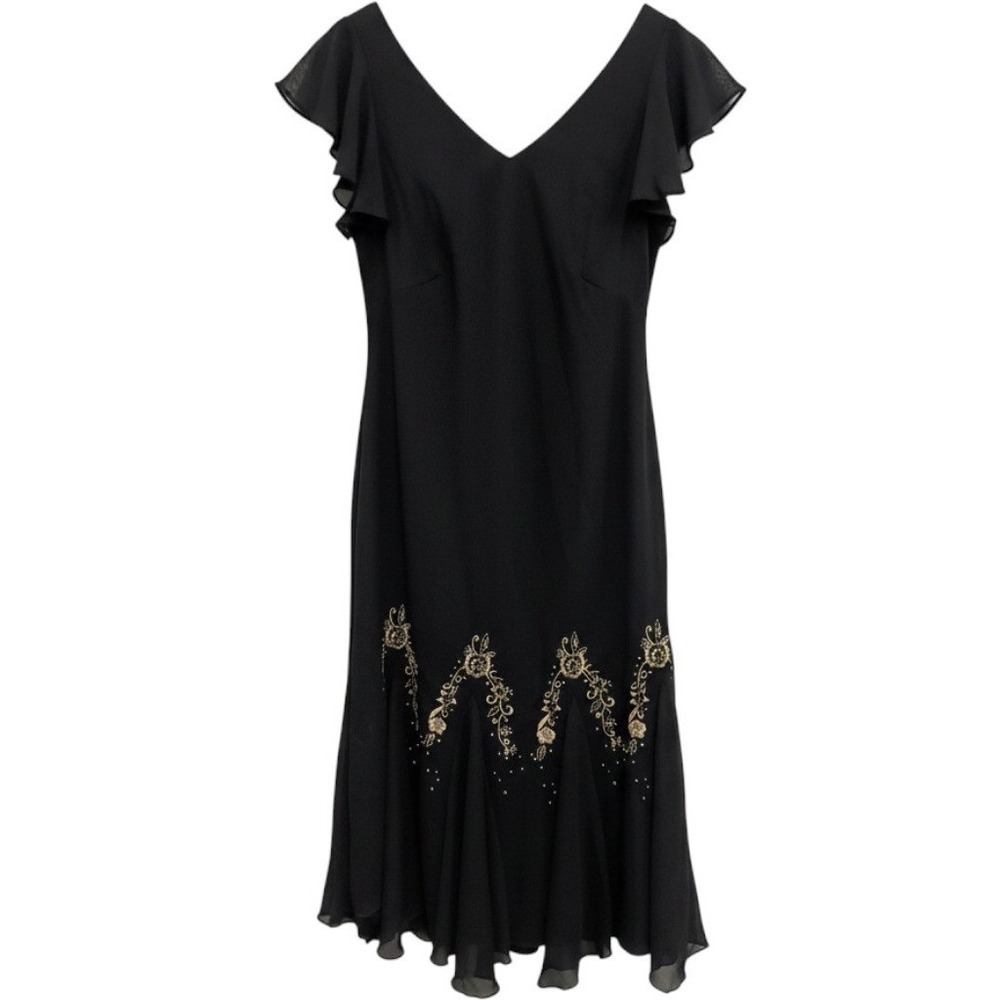 VTG 90s JL Studio Cocktail Dress Womens 16W Black Beaded Floral Short Sleeve
